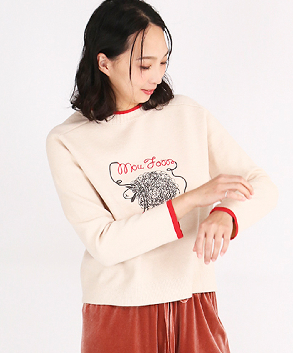 C`EST MOIJEU  甜美綿羊圖案刺繡跳色收邊針織衫