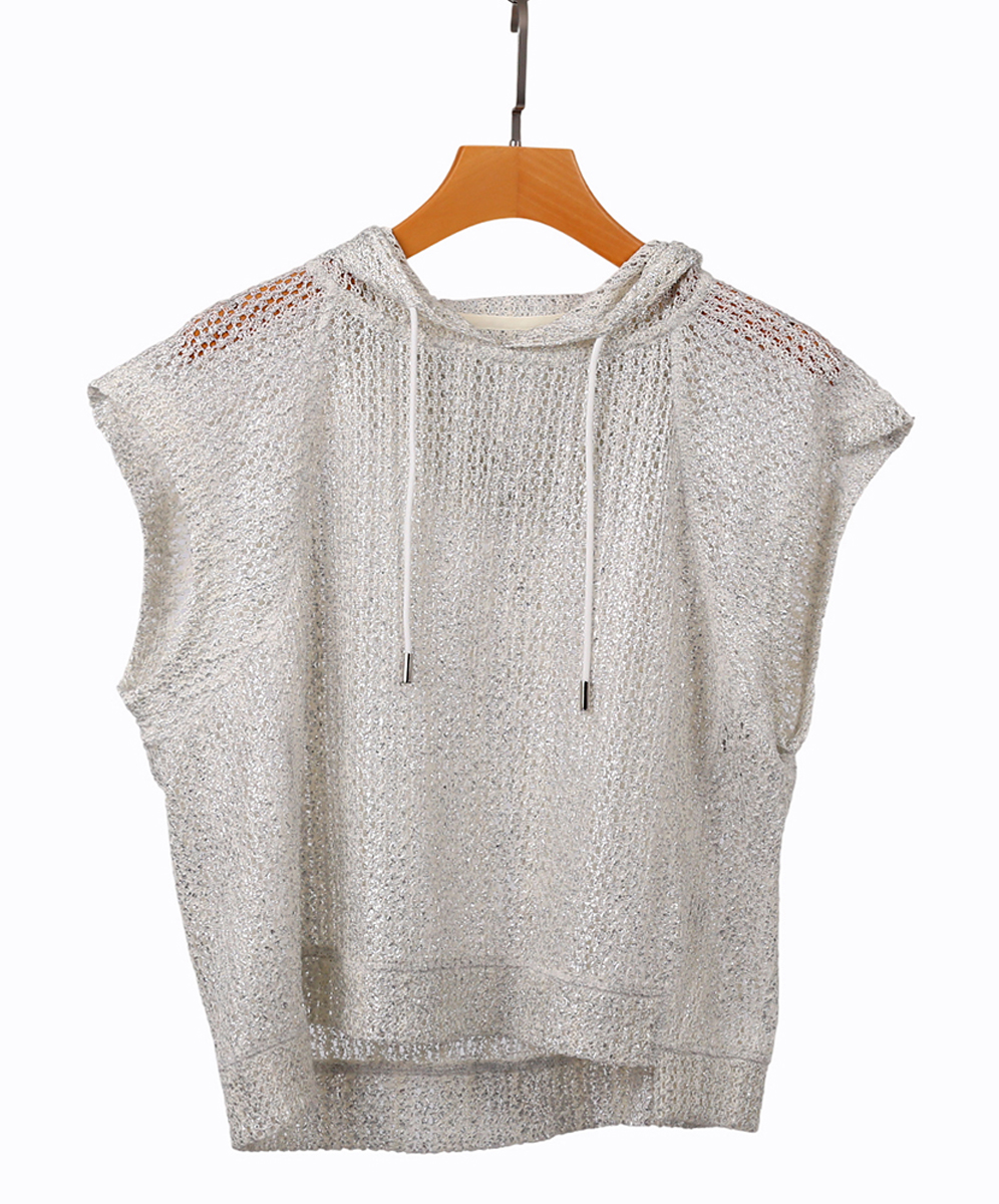 C`EST MOIJEU  亮麗燙金織紋網洞連帽上衣