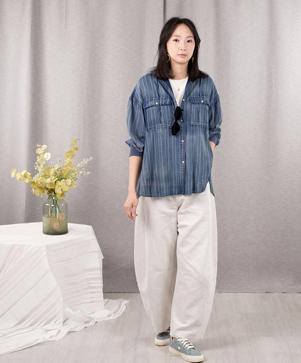 C`EST MOIJEU  率性俐落跳色直條印花單寧連帽外套