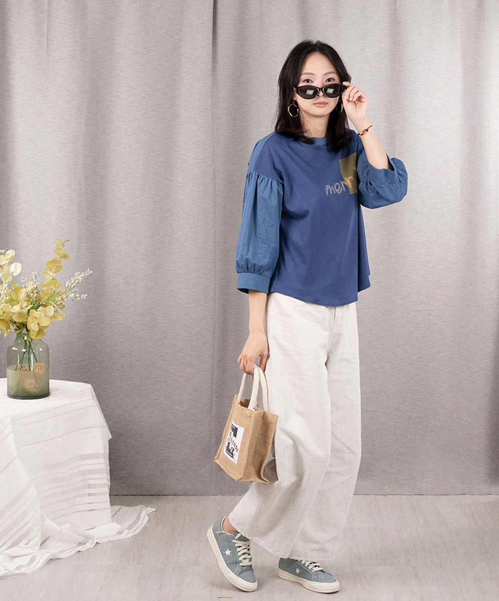 C`EST MOIJEU  簡約率性異素材拼接跳色印花上衣