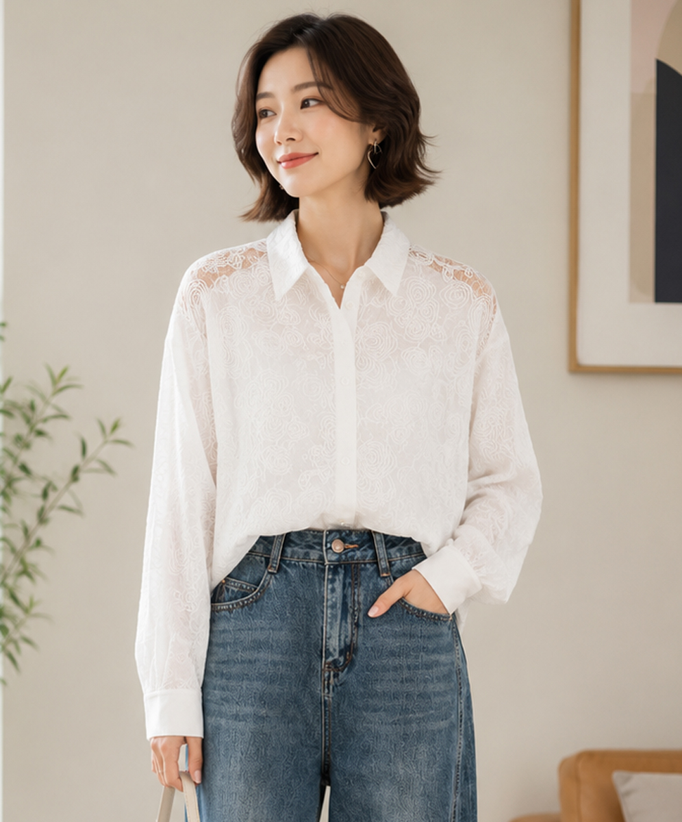 C`EST MOIJEU  氣質優雅細緻蕾絲提花襯衫