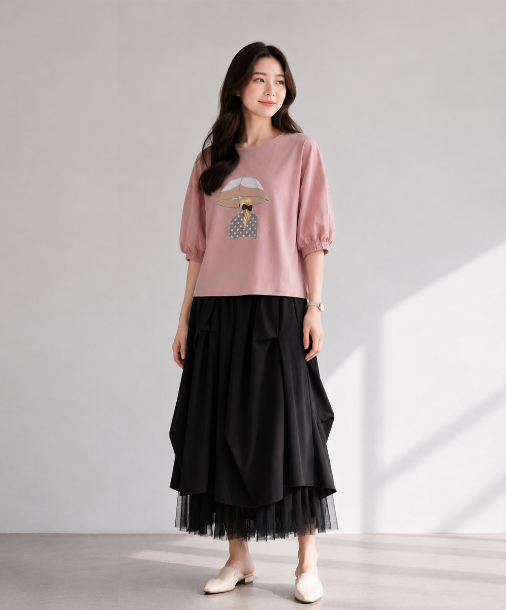 ARIES  甜美氣質異素材拼接娃娃圖案印花上衣