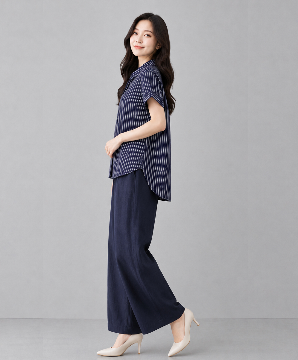 ARIES  知性簡約跳色線條提花前短後長襯衫
